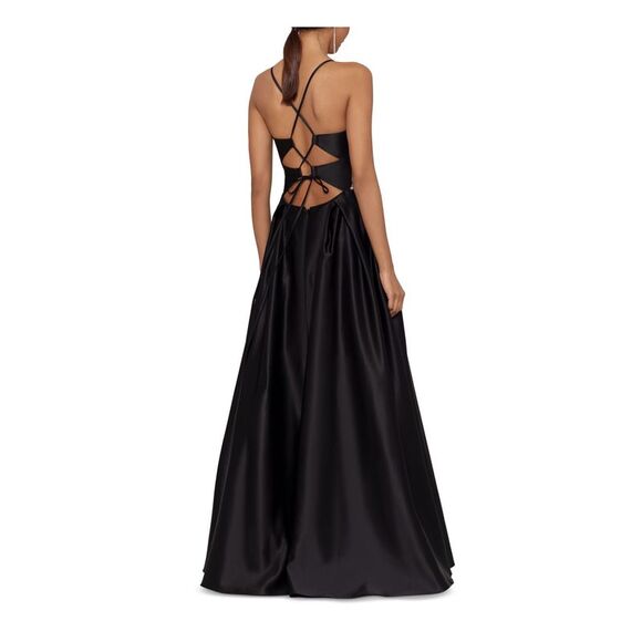 BLONDIE NITES Womens Black Lace-up Back Spaghetti Strap Gown Dress Juniors 1 - Picture 2 of 4